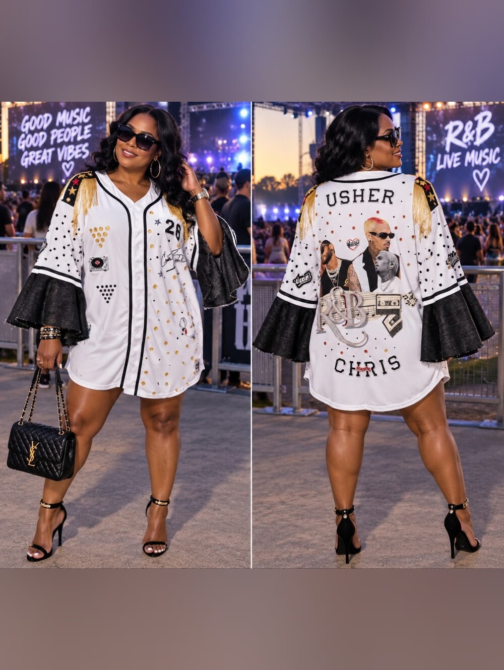 White Embellished Baseball-Style Jersey with Black Bell Sleeves